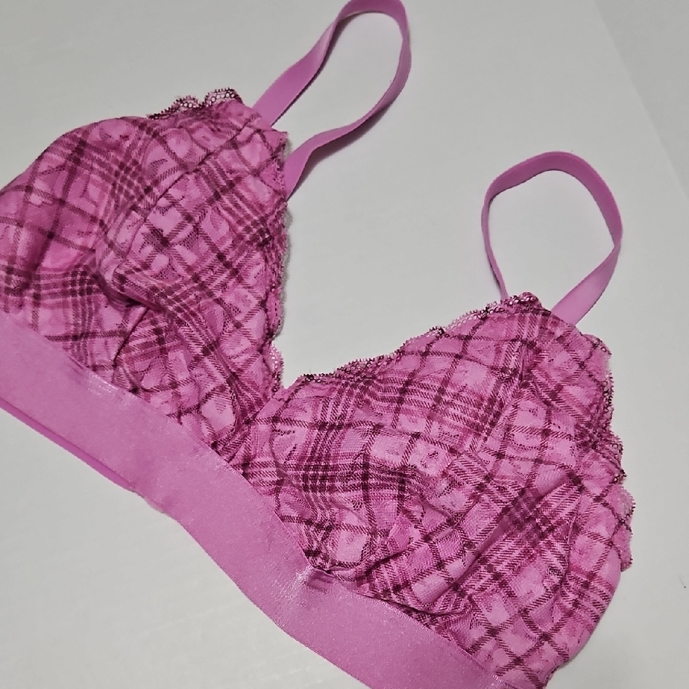 PINK Victoria's Secret Plaid Lace Bralette Lined Size L DD